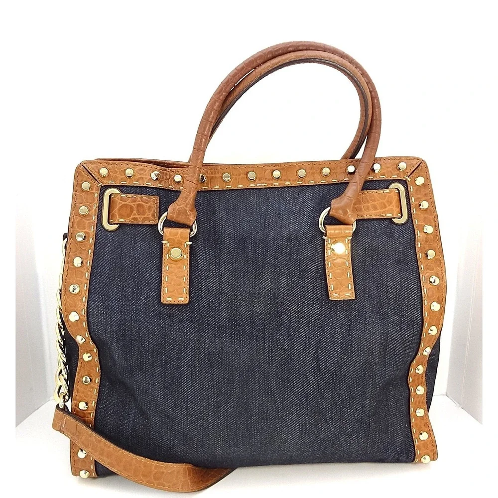 Michael Kors‎ Hamilton Denim Croc Embossed Leather Studded Tote Indigo Brown COA